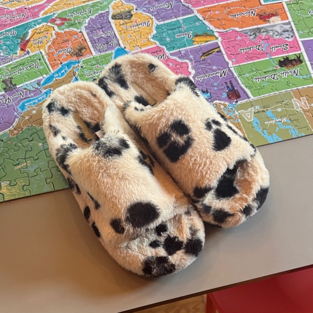 Anthro Fuzzy Slippers with Black Spots